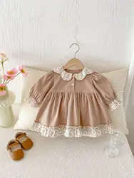 Korean Style Long Sleeved Girl's Dresses for Spring and Autumn Simple Floral Lapel Princess Dress Baby Children's Clothing 0-4Y
