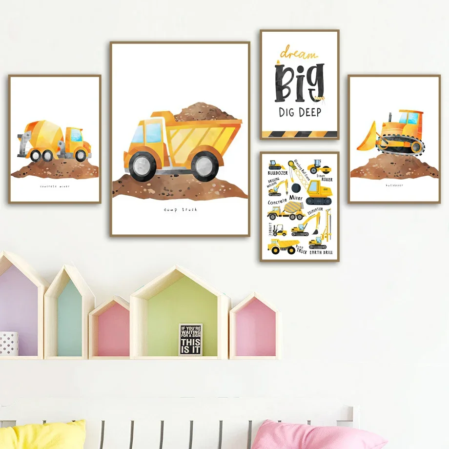 Custom Baby Name Construction Truck Excavator Nursery Wall Art Print Canvas Painting Nordic Poster Wall Pictures Boy Room Decor