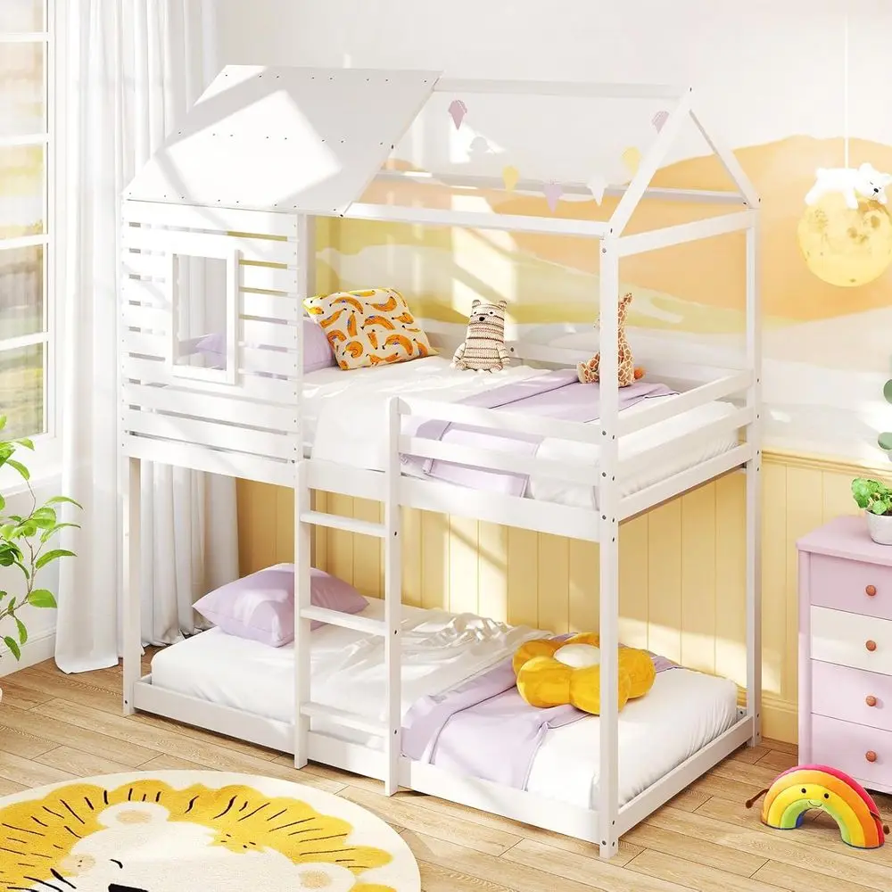 

Twin Over Twin Wooden Bunk Bed with Ladder, Guardrail, and Slats for Kids, Dorms, and Bedrooms - White, No Box Spring Needed