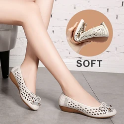 Summer Slip-on Shoes Flat Hollow Comfortable Woman Shoes Genuine Leather Soft Bottom White Breathable Mule Women's Moccasins 41