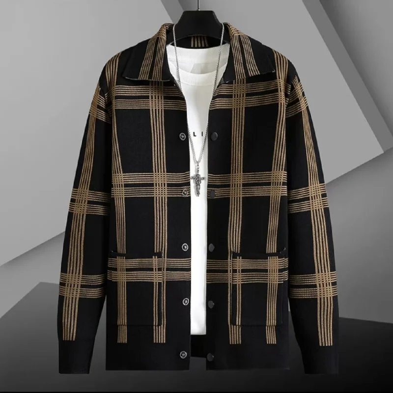 

High End Quality Men's Lapel Contrast Plaid Knitted Cardigan Autumn Winter New Pocket Warm Long Sleeve Sweater Business Menswear