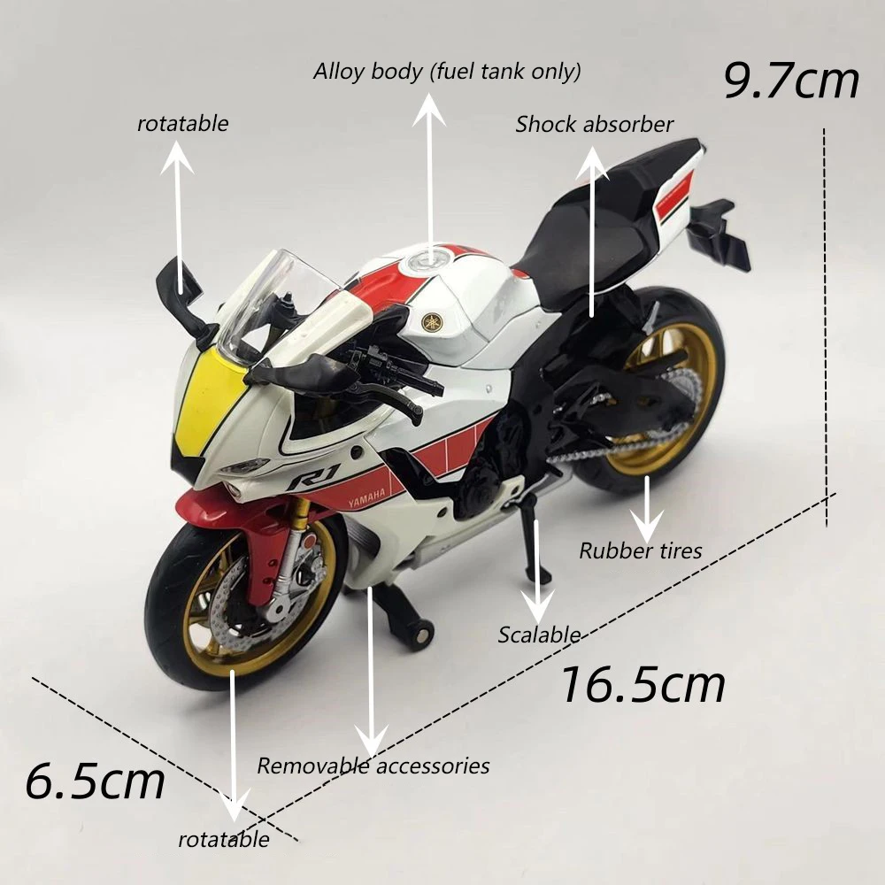 ヤマハのおもちゃのバイクモデル、1:12 YZFR1、アルミニウム合金モデル、サウンドとライトバージョンセット、大人と子供へのギフトに適しています。