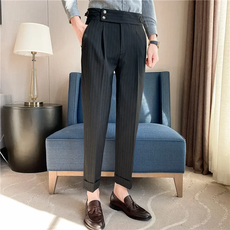 Mens Dress Suit Pants Striped Plaid British Style High Waist Casual Belt Design Slim Trousers Formal Office Social Wedding Party