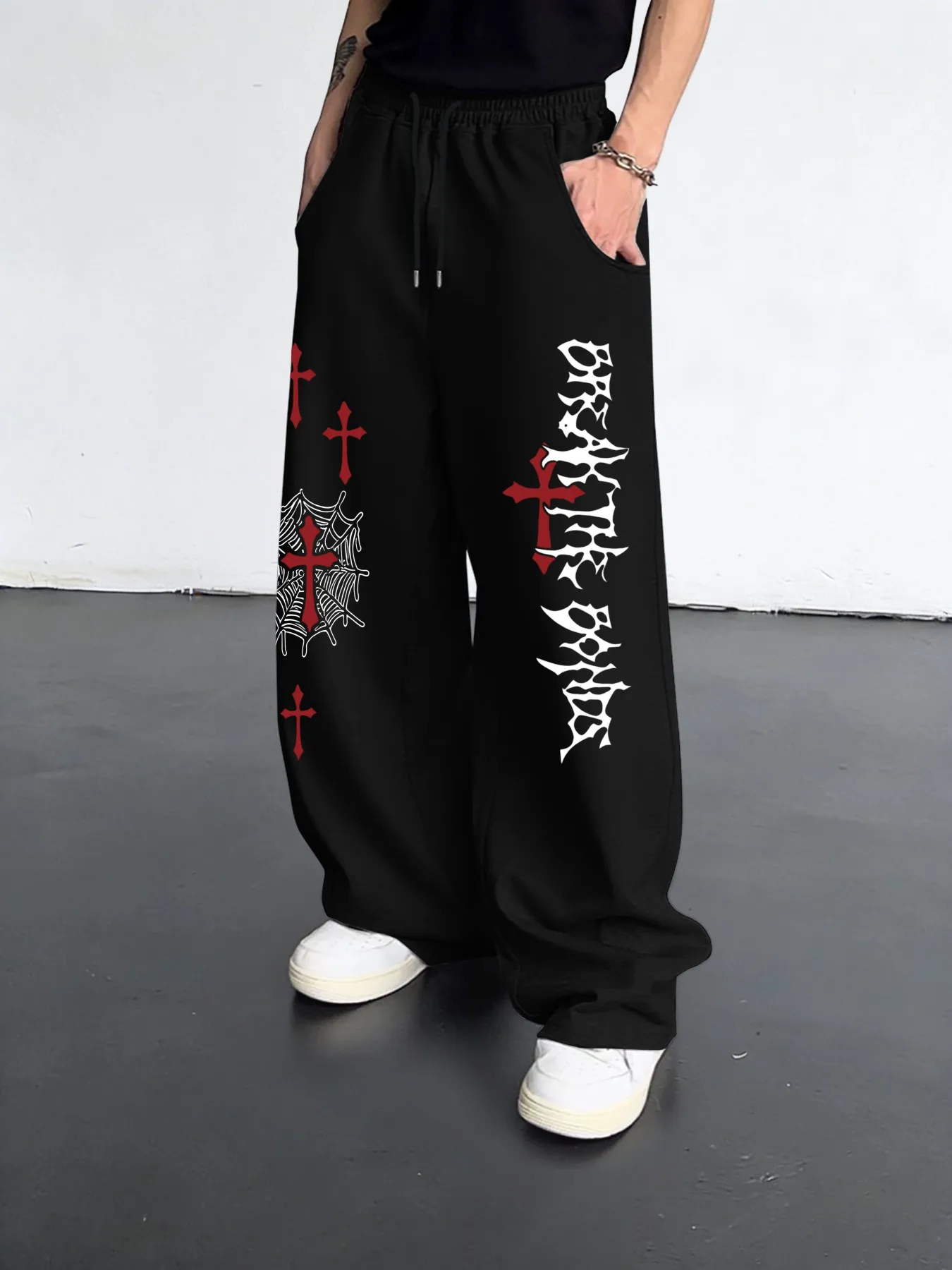 European High Street Dark Cross Print Straight Sweatpants Men's Hip Hop Trousers S-3XL