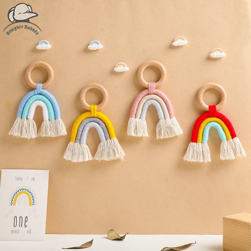 Baby Wooden Teether Rainbow Tassel Pendant Toy 1-12 Month Crib Ring Pendant Teethers Rodent For Newborn Educational Toys Gifts