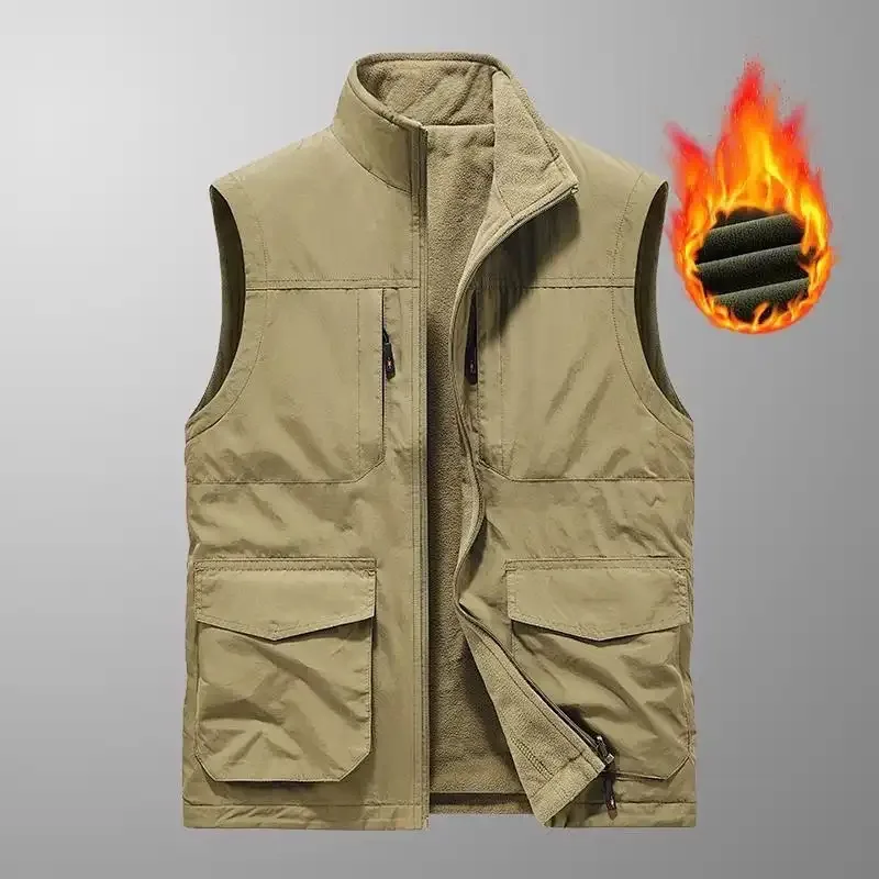 

Plush Men's Solid Color Autumn and Winter Zipper Cardigan Pocket Vest Work Vest Jacket Top