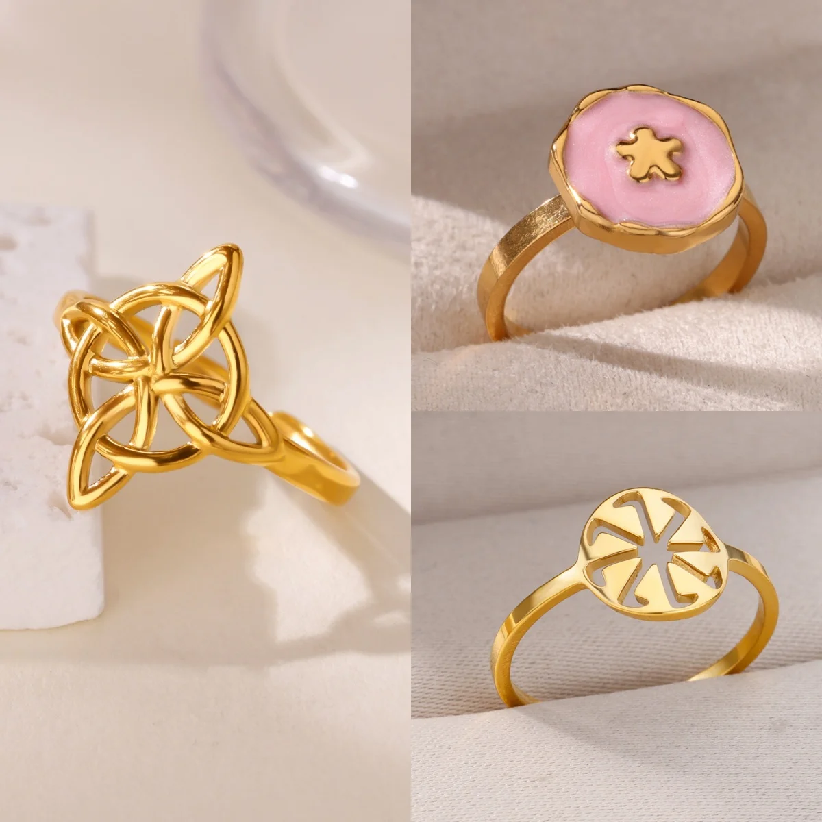 

10pcs Romantic Star Pink Stainless Steel Women's Rings Openwork Floral Design Jewelry Ring Valentine's Day Gift Wholesale bijoux
