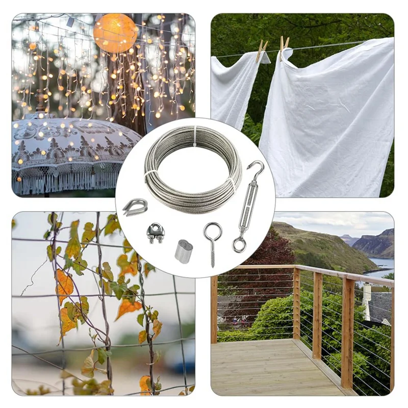 20M Stainless Steel Kit, 3MM Sorting Helps Tighten Rope Wear With M5 Stainless Steel Rope Clamp R Easy To Replace