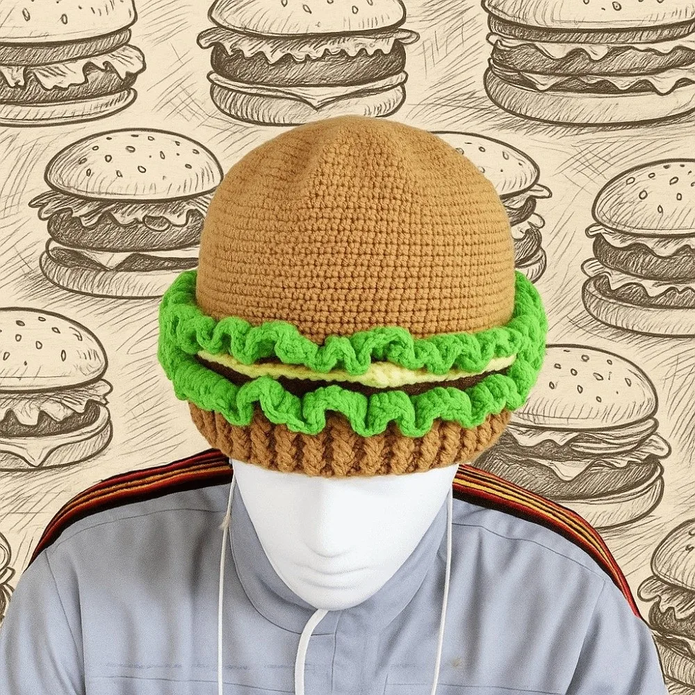 يندبروف الإبداعية محبوك همبرغر قبعة دافئة سميكة همبرغر البلوز قبعة اليدوية لينة مضحك همبرغر قبعة التزلج
