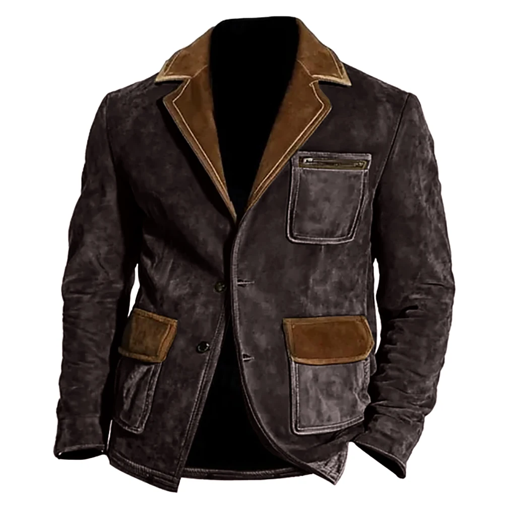 Giacche abbottonate con risvolto patchwork vintage per uomo Tasche alla moda Giacca in velluto Cappotto Uomo Autunno Inverno Cappotti da esterno alla moda Uomo