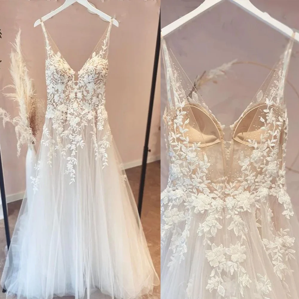 

Long A-Line Appliques Lace Spaghetti Straps Sweetheart Tulle Wedding Dresses Vintage Bohemian Wedding Gown Robes Se Mariée