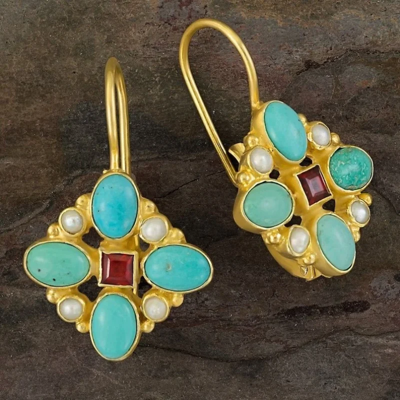Creative Ethnic Style Imitation Turquoise Earring Party Handmade Jewelry Gift Vintage Court Gold Color Ornate Earrings for Women