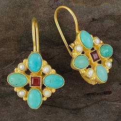 Creative Ethnic Style Imitation Turquoise Earring Party Handmade Jewelry Gift Vintage Court Gold Color Ornate Earrings for Women