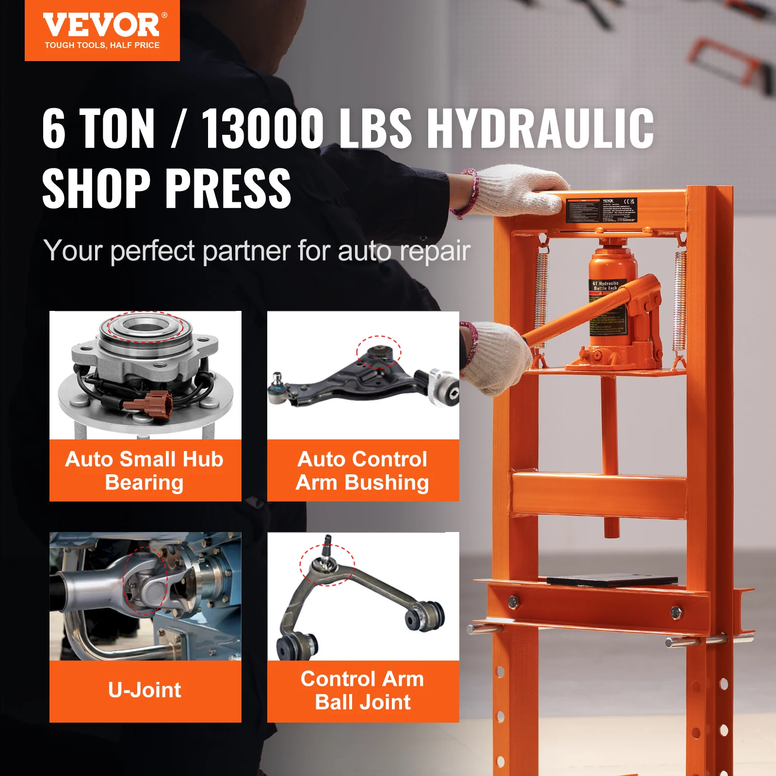 VEVOR 6/12 Ton Hydraulic H-Frame Garage Floor Adjustable Shop Press with Plates 6T/12T Orange for Garages or Professional Shops