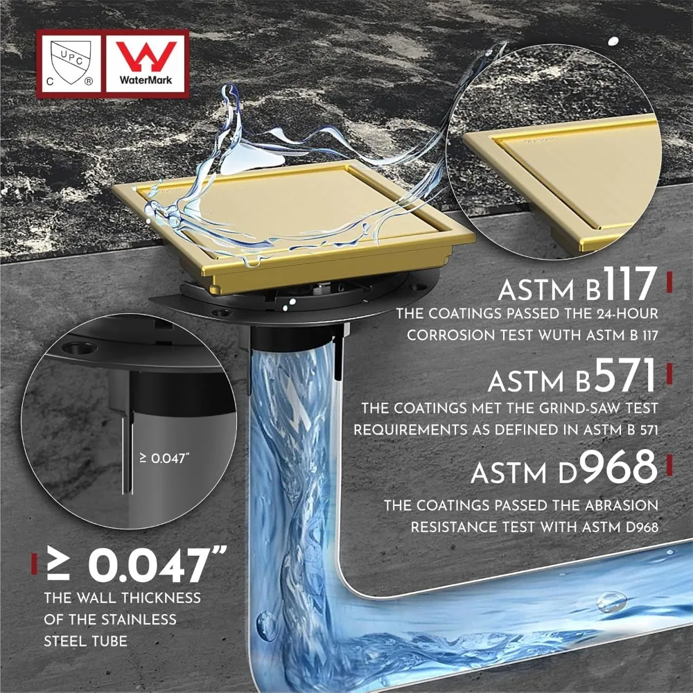 6 In Square Shower Drain Gold Floor Drain w/ Flange Reversible 2-in-1 Cover Tile Insert Grate Removable SUS304 Stainless Steel