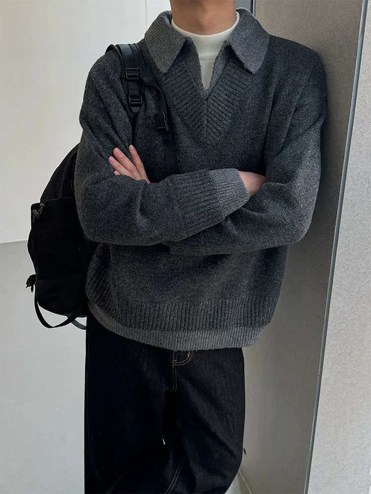 

Мужской зимний повседневный трикотажный джемпер с V-образным вырезом, свободного кроя, с длинным рукавом, для ношения под одеждой, комфортный, мягкий, однотонный, модный.