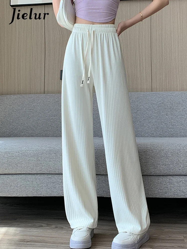 

Jielur White New Korean Style Summer Female Pants Solid Color Elastic Waist Slim Straight Casual Simple Women's Wide Leg Pants