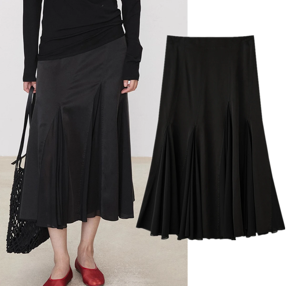 Maxdutti Minimalist Sand Washed Plain Satin Chiffon Silk Streamlined Cut And Spliced Pleated Women's Skirt Woman Clothing Faldas