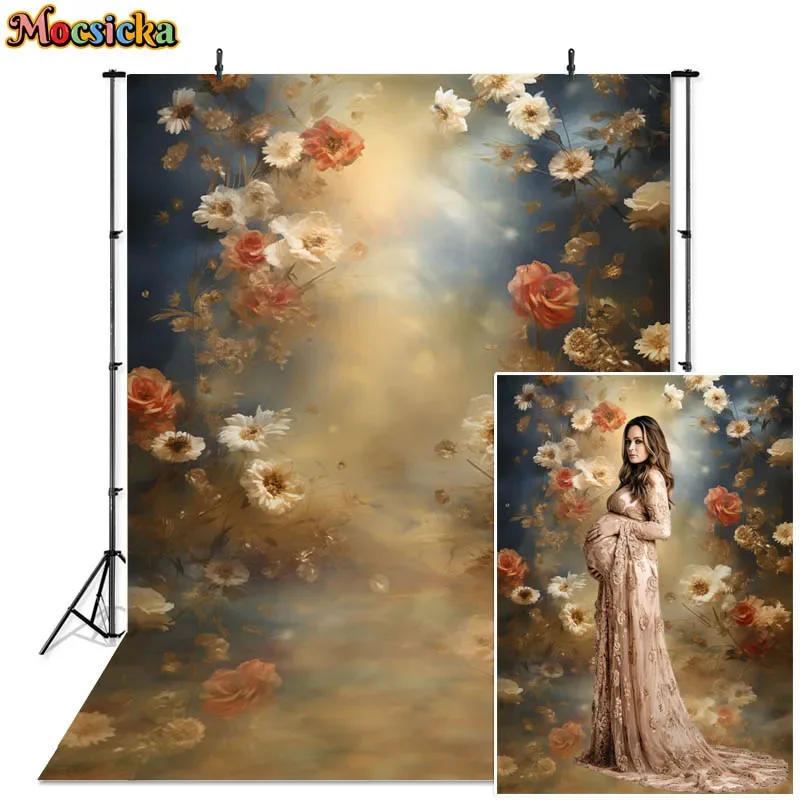 

Abstract Floral Photography Backdrops Hand Painted Flowers Golden Glow Wedding Birthday Decor Maternity Art Portrait Background