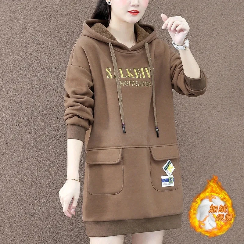 Autumn And Winter Leisure Long Sleeves Hooded Add Velvet Female Sweatere New Loose Korean Version Medium Long Women Outcoat