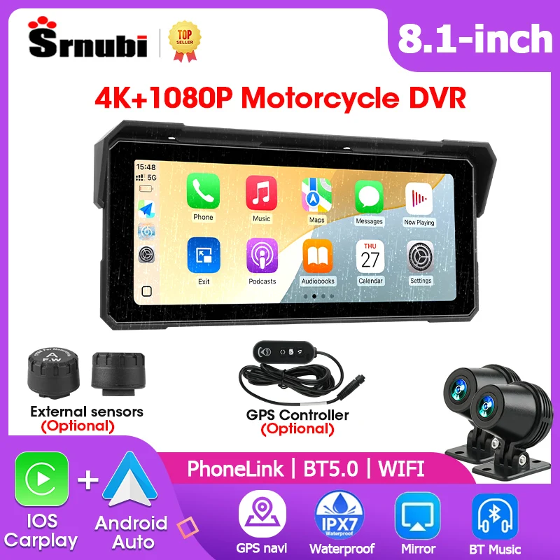 Srnubi 8.1-inch Motorcycle Carplay GPS Navigator 4K+1080P Dual Lens Wireless Carplay Android Auto Helmet BT Waterproof Moto DVR