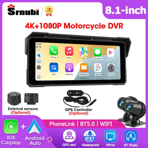 Srnubi 8.1 인치 오토바이 Carplay GPS 네비게이터 4K + 1080P 듀얼 렌즈 무선 Carplay 안드로이드 자동 헬멧 BT 방수 모토 DVR