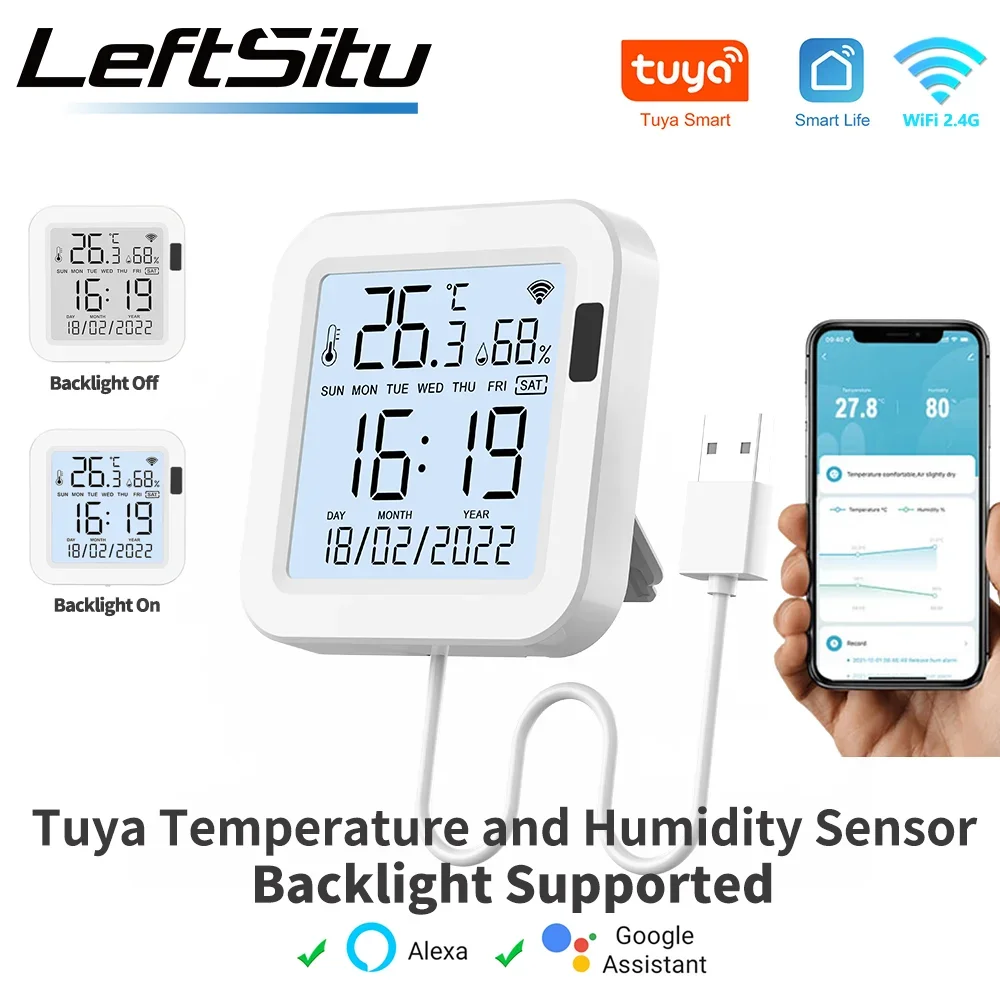 Tuya Temperature and Humidity Smart Sensor With Backlight for Smart Home var WiFi SmartLife Work with Alexa Google Assistant