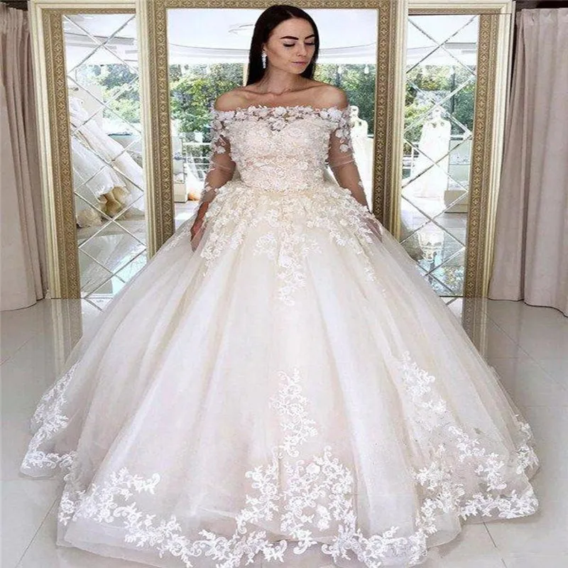 Customized  Off the  Shoulder  3D Lace Appliques Wedding Dresses  Robe De Mariee Luxe  Ballgown Puffy Long Sleeves Bridal Gown