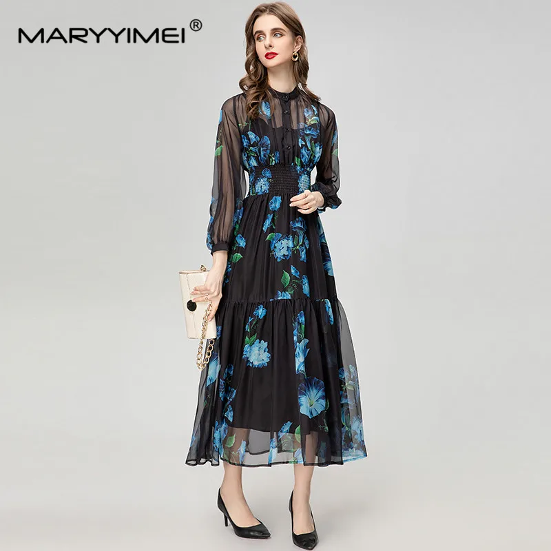 

MARYYIMEI New Fashion Black Long-Sleeved Stretch Waist Street Style Single-Breasted Printed Spring And Summer Womens Dresses