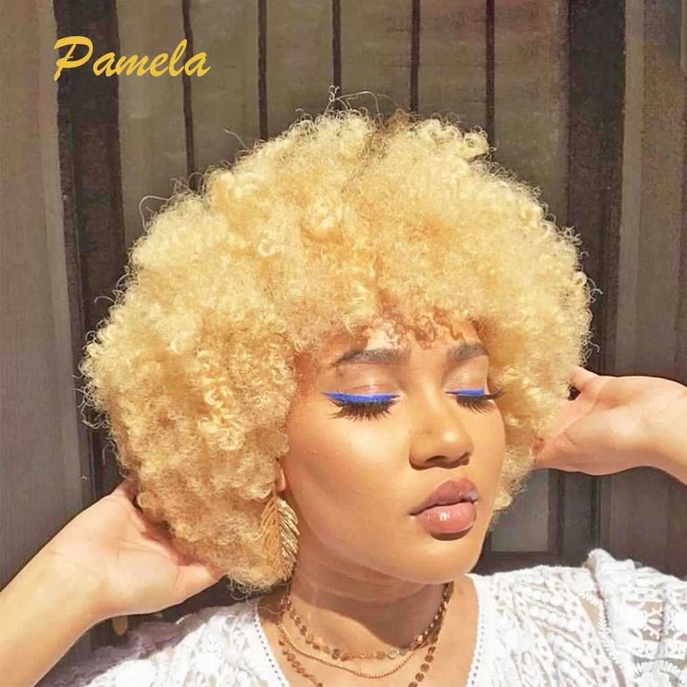 Honey Blonde 13x4 Transparent Lace Frontal Wigs Short Afro Kinky Curly Lace Front 613 Blonde Human Hair Wigs Cosplay For Women