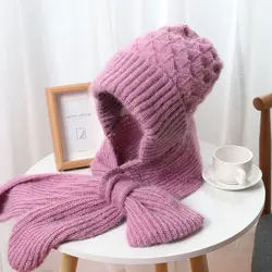 Conjunto de gorro y bufanda de felpa para mujer, gorro de punto todo en uno, bufanda gruesa y cálida con capucha, protección para los oídos, gorro de esquí al aire libre, Invierno