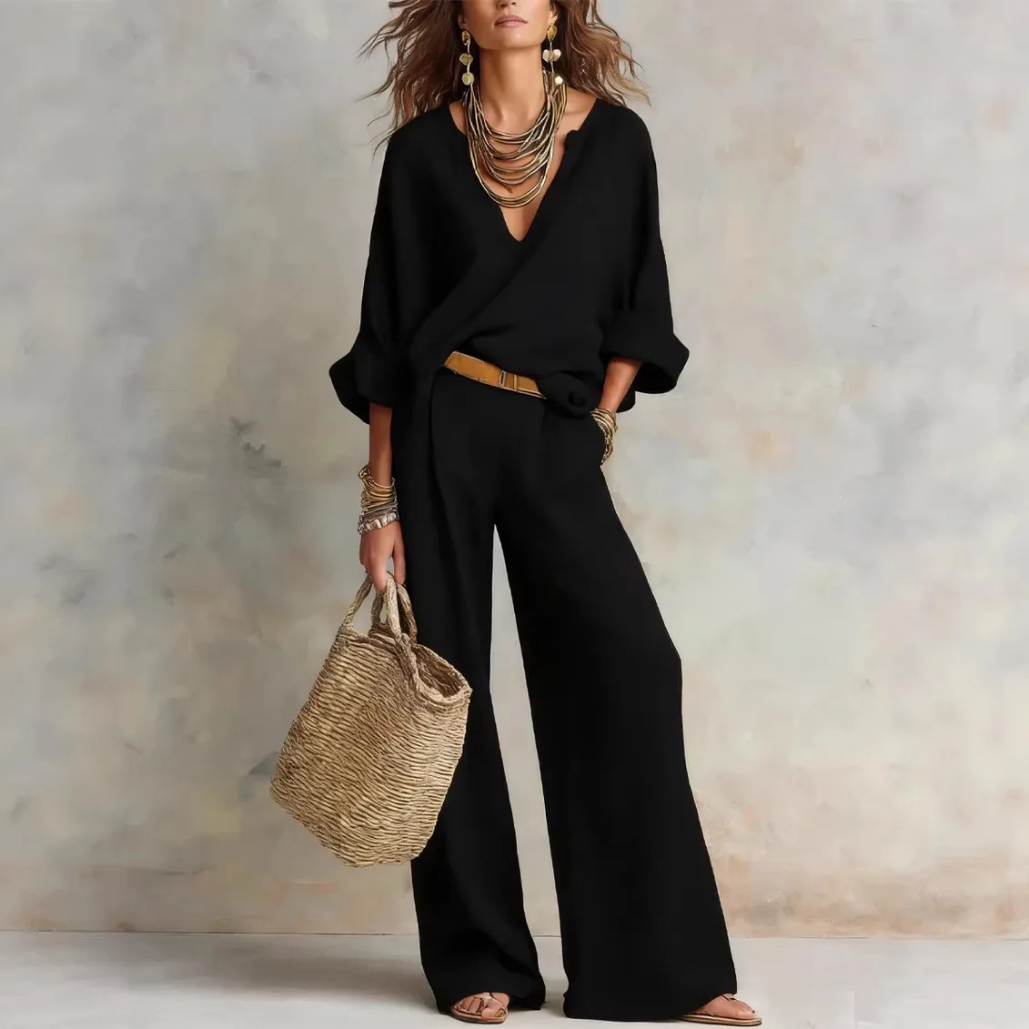 Vintage Women Simple Casual Pure Cotton Linen V Neck Batwing Sleeve Top Wide Leg Pants Casual Loose Outfit For Summer Vacation - view 2