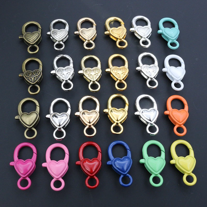 10 Stück 26 x 19 mm vergoldet, versilbert, bunte Herz-Schmuckzubehör, Karabinerverschluss-Haken für Halskette, Armband, Kette, DIY-Herstellung
