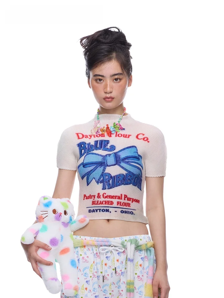 

Blue MOF Girl T-Shirt with Large Bowknot Print Pleated Short Sleeve Casual round Neck Polyester Fabric Summer Fashion for Ladies