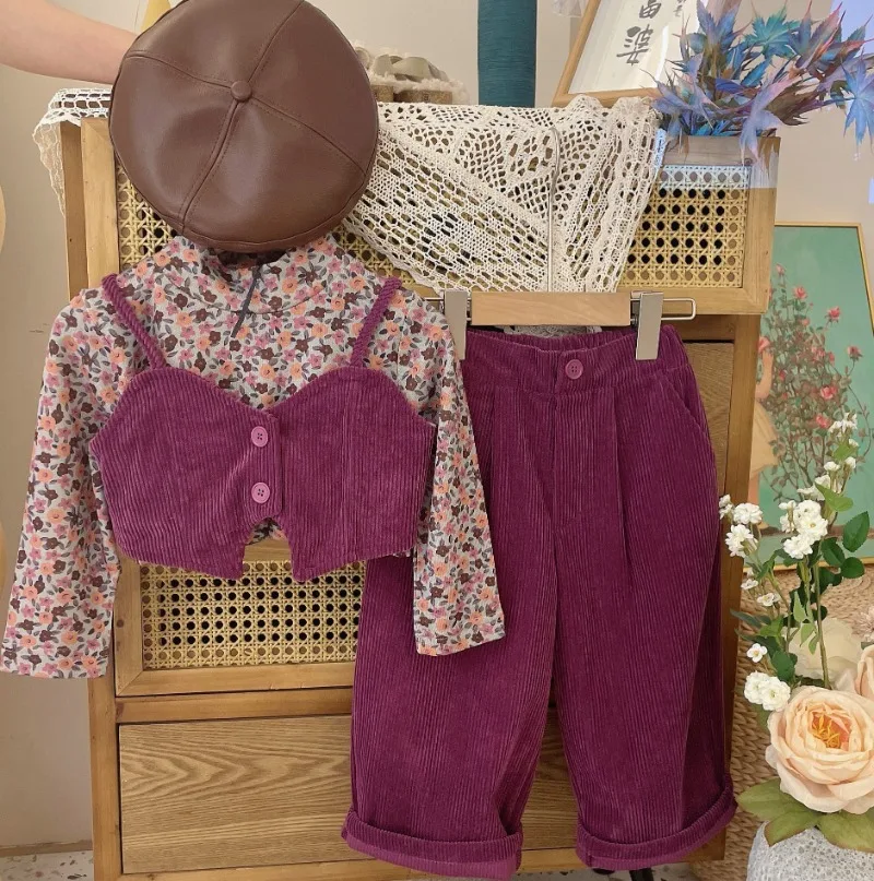 3Pcs Girls Clothes Sets Spring Autumn Floral T-Shirt+Vest+Wide Leg Pants Korean Style Princess Children Outfits Set 2-8Yrs