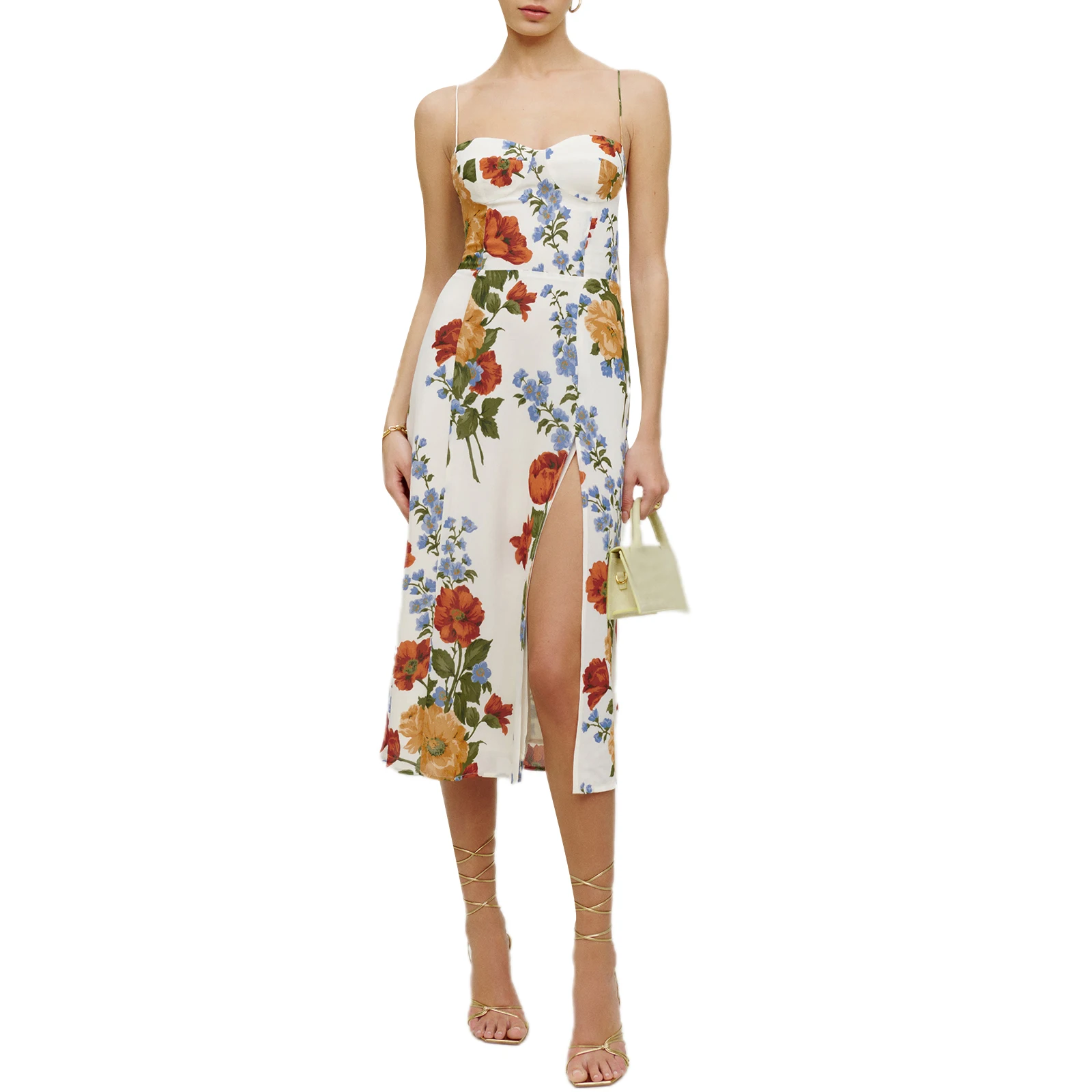 Vestido Midi con tirantes para mujer, prenda con estampado de flores, escote corazón, sin mangas, Espalda descubierta, Fiesta en la playa, Verano