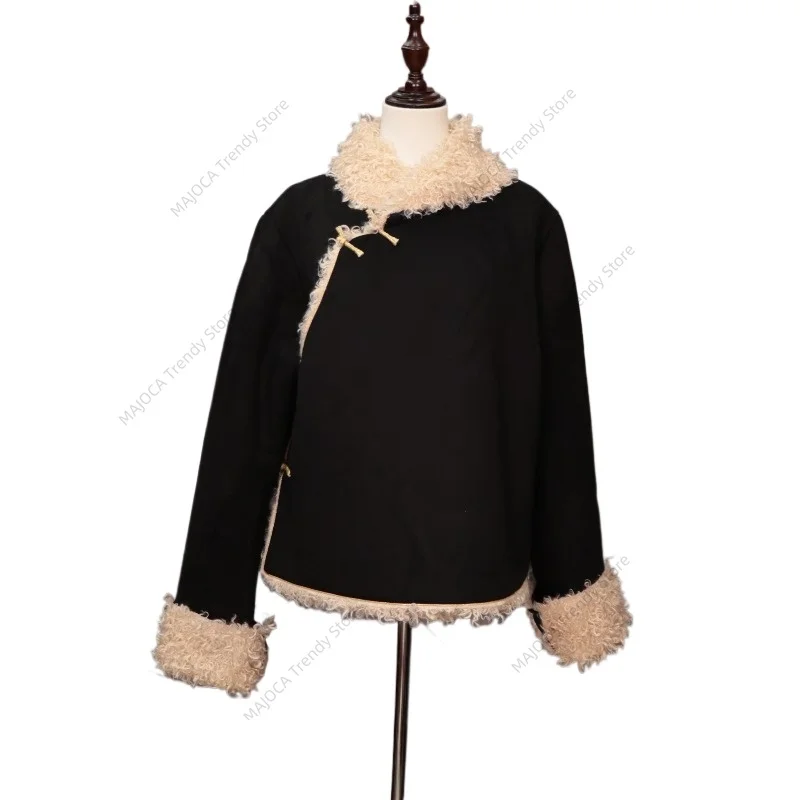 

Women's Winter Thicken Fleece Lined Tibetan Style Short Jacket Retro Chinese Frog Button Coat Padded Ethnic Outerwear