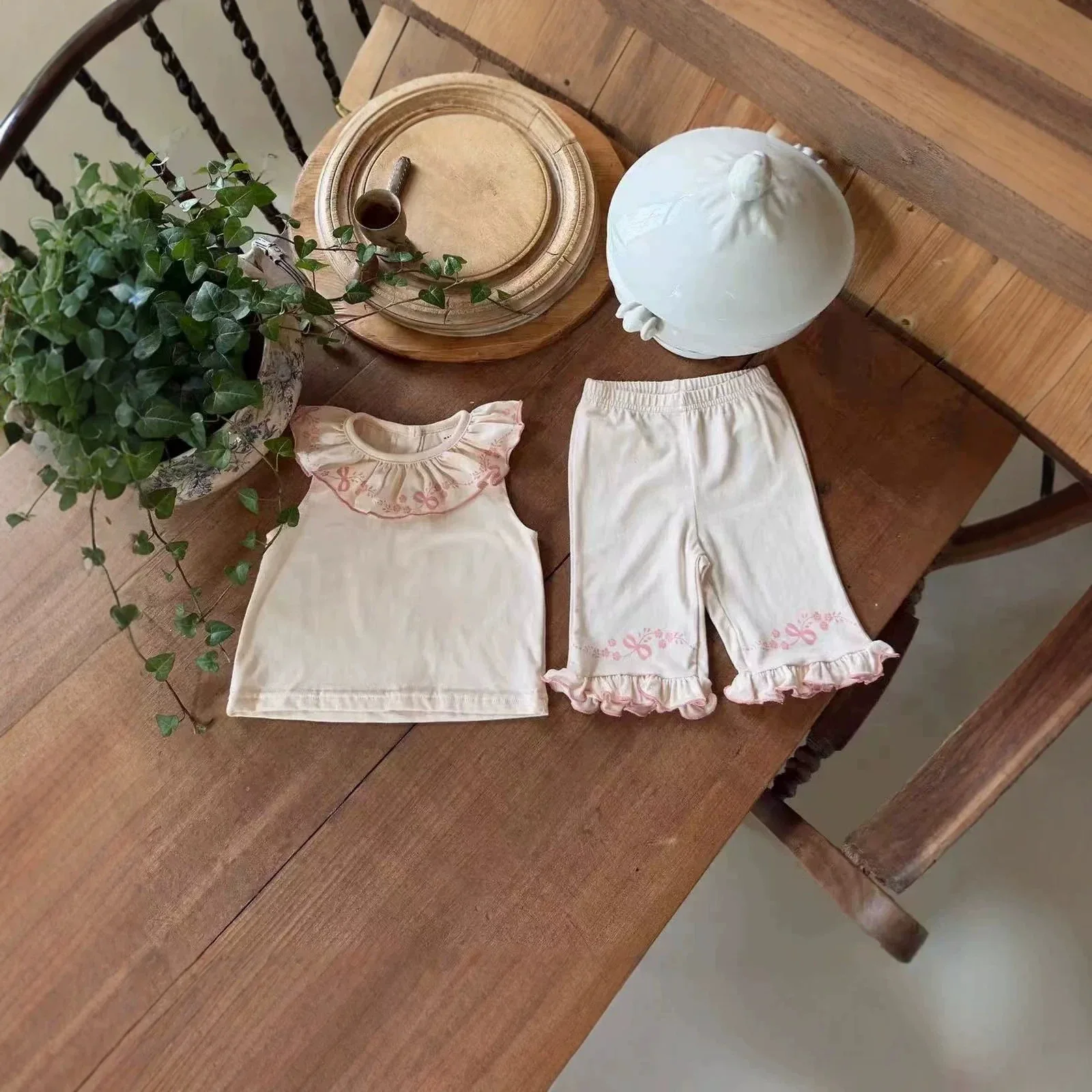 Korean Version Ins New Lotus Collar Vest Casual Pants Lapel Children's Clothing Summer Girls and Children Summer Two-piece Set
