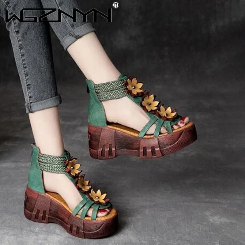 2023 Retro Summer Women Flowers Sandals Genuine PU Leather Open Toe Shoes Casual High Heel Wedges Platform Sandals Woman