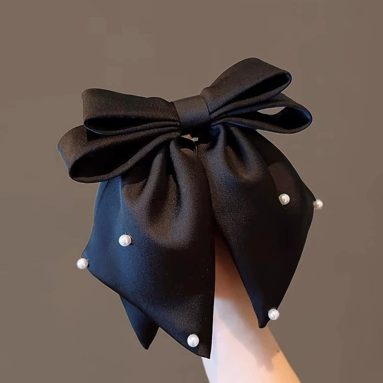 

Temperament Retro Black Imitation Bead Bow Three-Dimensional Grabbing French High J-Sensing Back Head Hair Top Clip For Women
