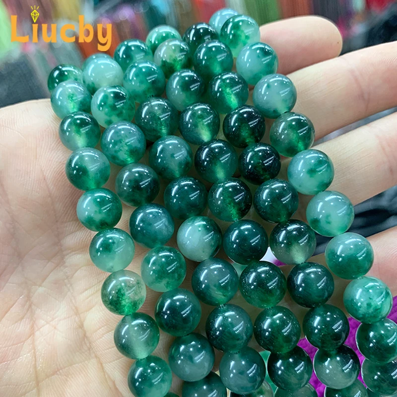 ธรรมชาติจีนลูกปัด Moss หญ้าสีเขียว Chalcedony Jades หินรอบลูกปัดสําหรับเครื่องประดับ DIY สร้อยคอต่างหู 15 "ขายส่ง