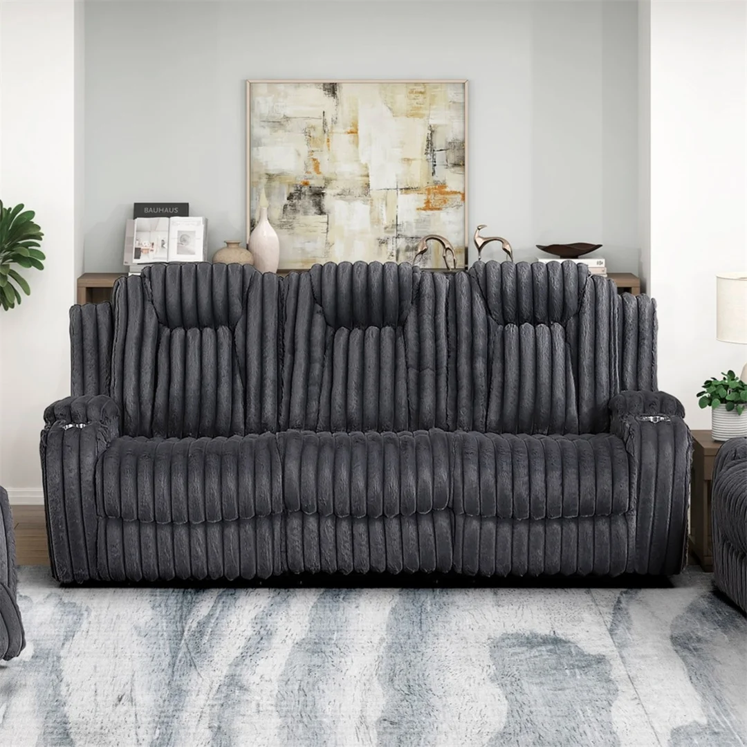 

Soft cushioned recliner, dark gray double sofa, equipped with cup holders, with ultra-comfortable high-quality tweed fabric