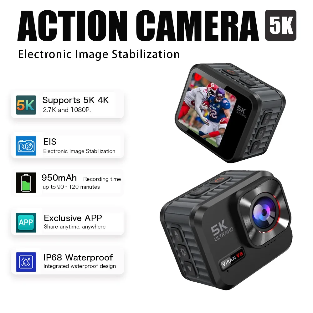 VIRAN V8 5K Action Camera 1.54 Inch Screen IP65 Waterproof Sport Camera Drive Recorder Camera 950mAh Battery Action Cam