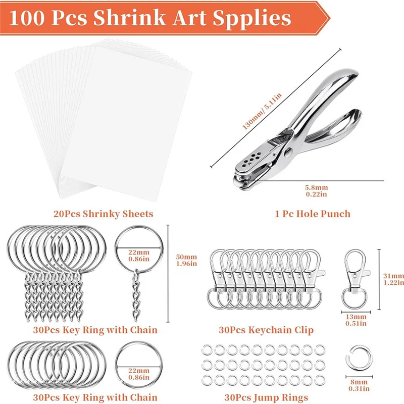 A56X Shrinky Art Keychain Kit, Including 20 Sheets Shrink Plastic Paper, Keychain Clip, Split Key Rings, Key Rings With Chain
