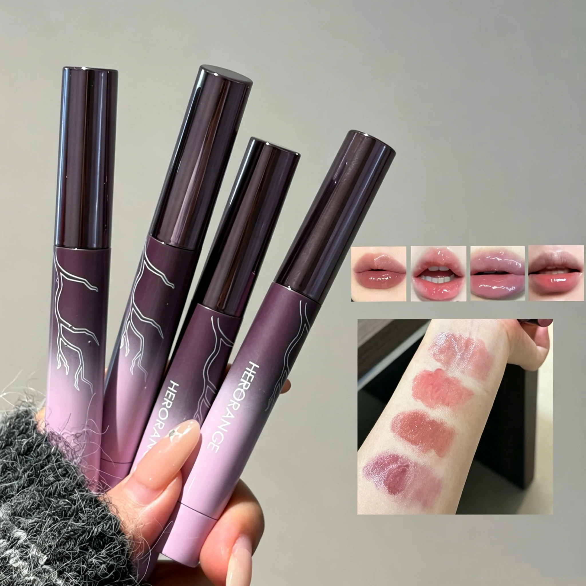 Herorange Smoky Purple Crystal Solid Lip Gloss Hydrating Non-Sticky Plump Glass Daily Lip Cosmetic