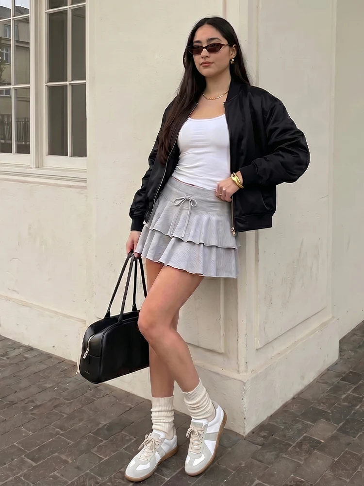 HH College Style Gray Layered Ruffle Skirt  2026 Women’s Summer Drawstring High Waist Mini Skirt, Cute Daily Party Outing Wear