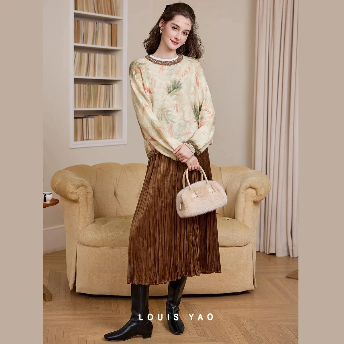 

LOUIS-YAO Printed Sequined Slouchy Women's Knitwear 2025 Autumn/Winter Loose Drop Shoulder Pullover Slightly Stretchy Sweater