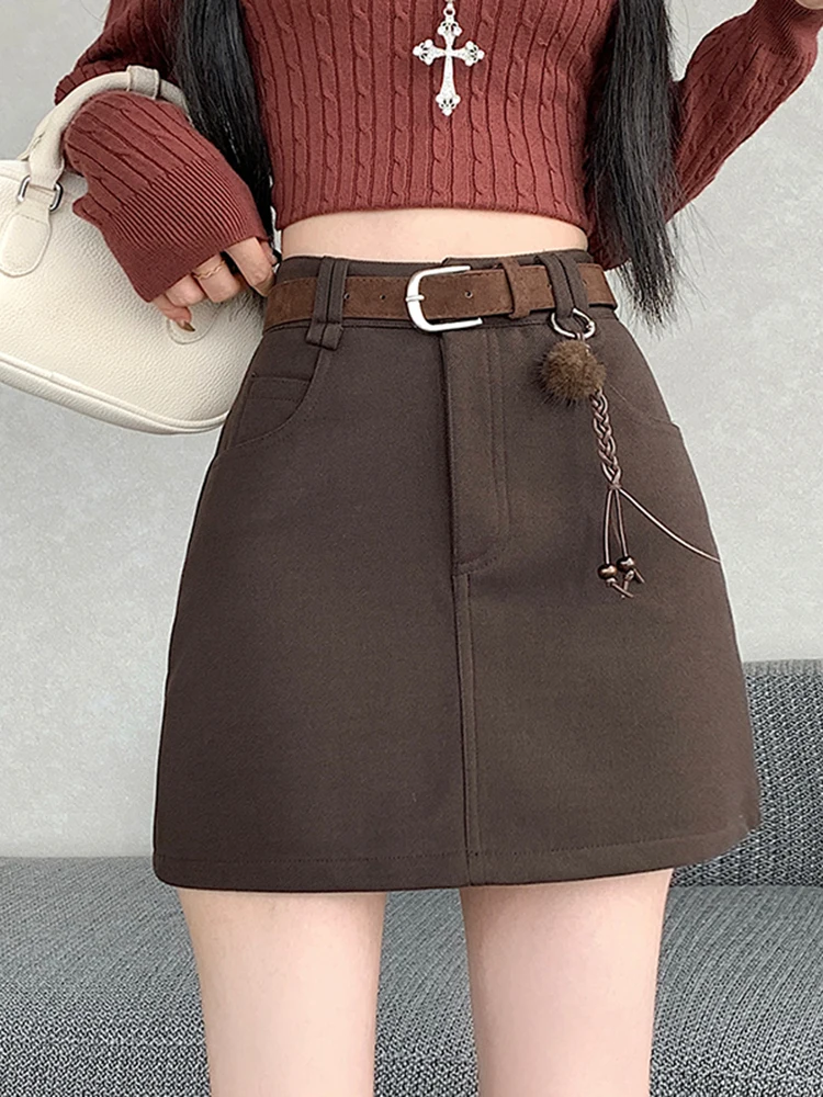 

Retro High Waist Coffee Suede A-Line Skirt Women's Faionable ort Skirt All-Match Bodycon Skirt Ci Walk Sle
