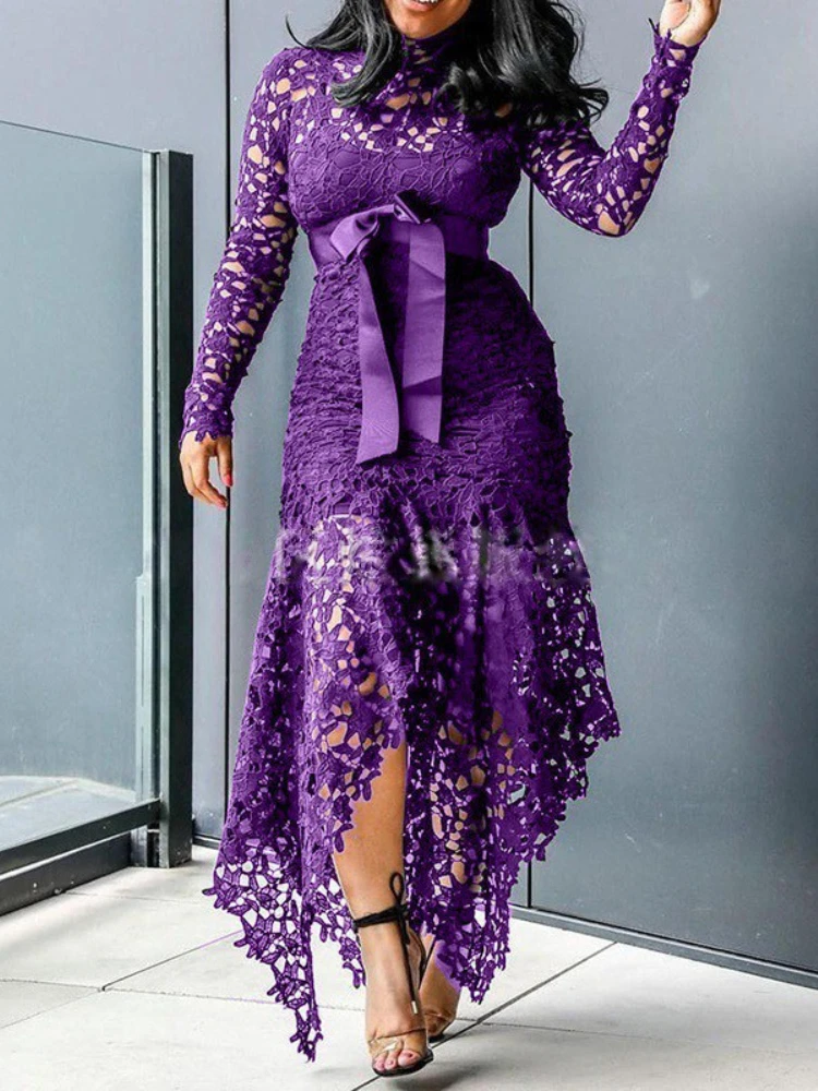 2024 New AOMEI Women's Purple Lace Hollow Long Sleeve High Neck Lace Irregular Dress Sexy Celebrity Cocktail Party Evening Dress