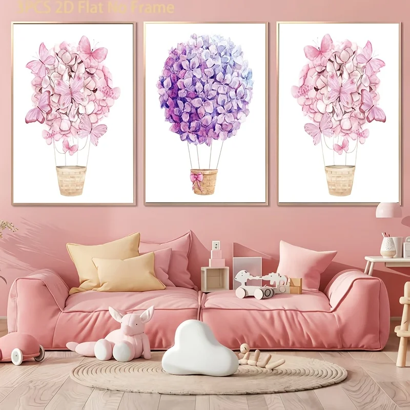 (No frame)2D Flat, [2D Flat] 3pcs Easter Prints, 3pcs Suit Hot Air Balloon Theme Baby Room Decorative Painting, Baby Girl Roo